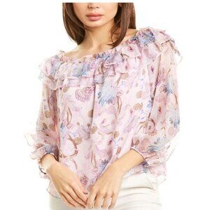 Vince Camuto Poetic Blooms Ruffled Top Floral Off-Shoulder Blouse Semi Sheer L
